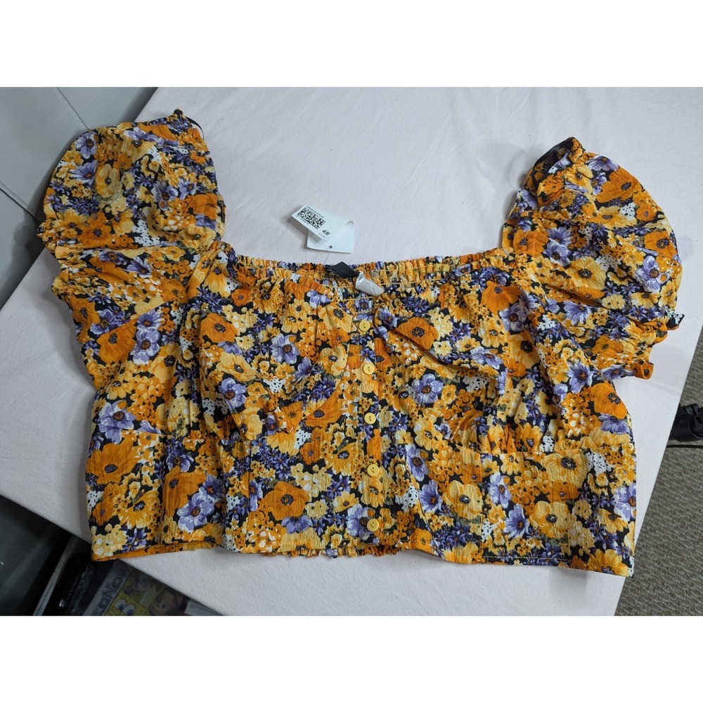 H&M Dividend womens XL off the‎ shoulders shirt crop top elastic flower floral